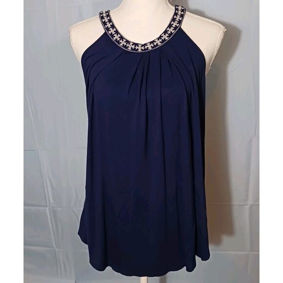 Cable & Gauge Halter Top Women's Large Navy Embellished Neckline EUC - Picture 1 of 8